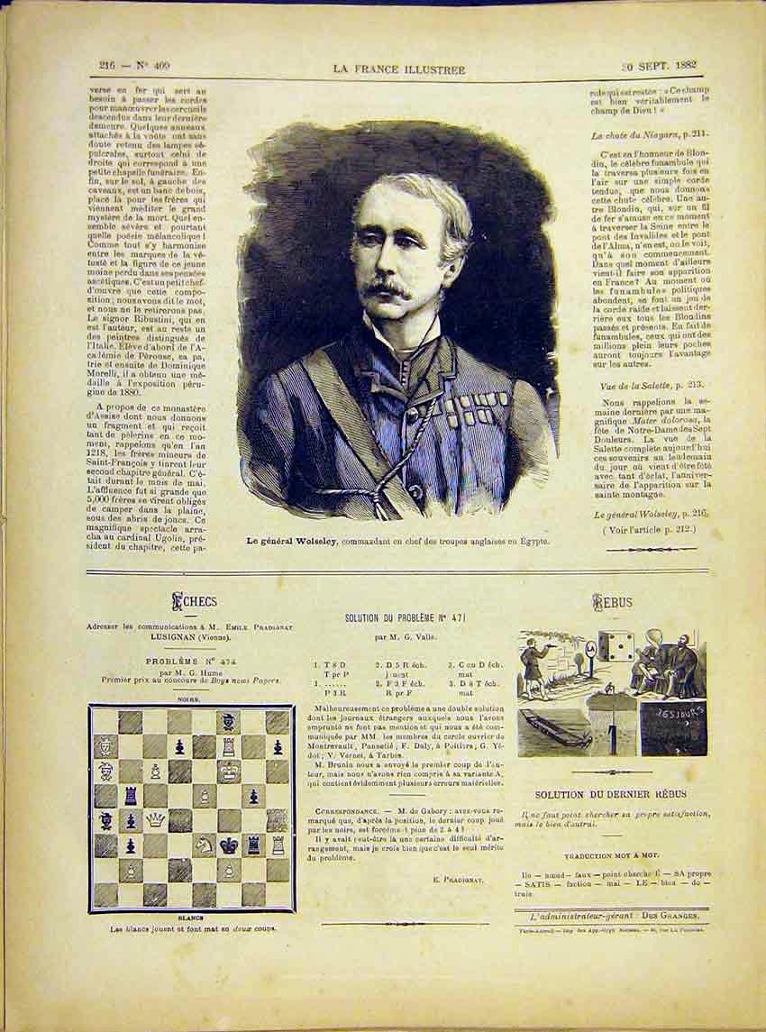 Original Old Antique Print Portrait General Wolseley Egypt Military 1882 19th