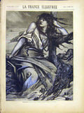 Original Old Antique Print Floods Portael Lady River Fine Art French 1882 19th