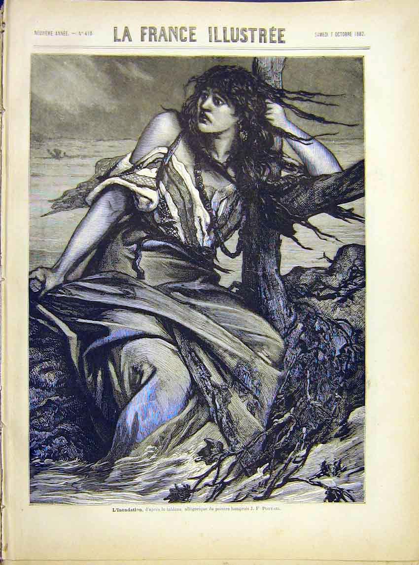 Original Old Antique Print Floods Portael Lady River Fine Art French 1882 19th