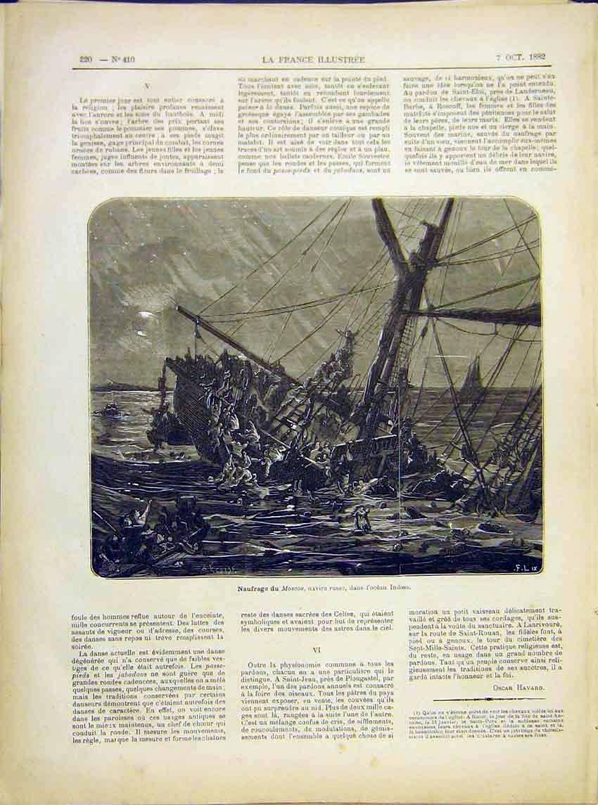 Original Old Antique Print Moscou Ship-Wreck Indian Ocean French 1882 Victorian