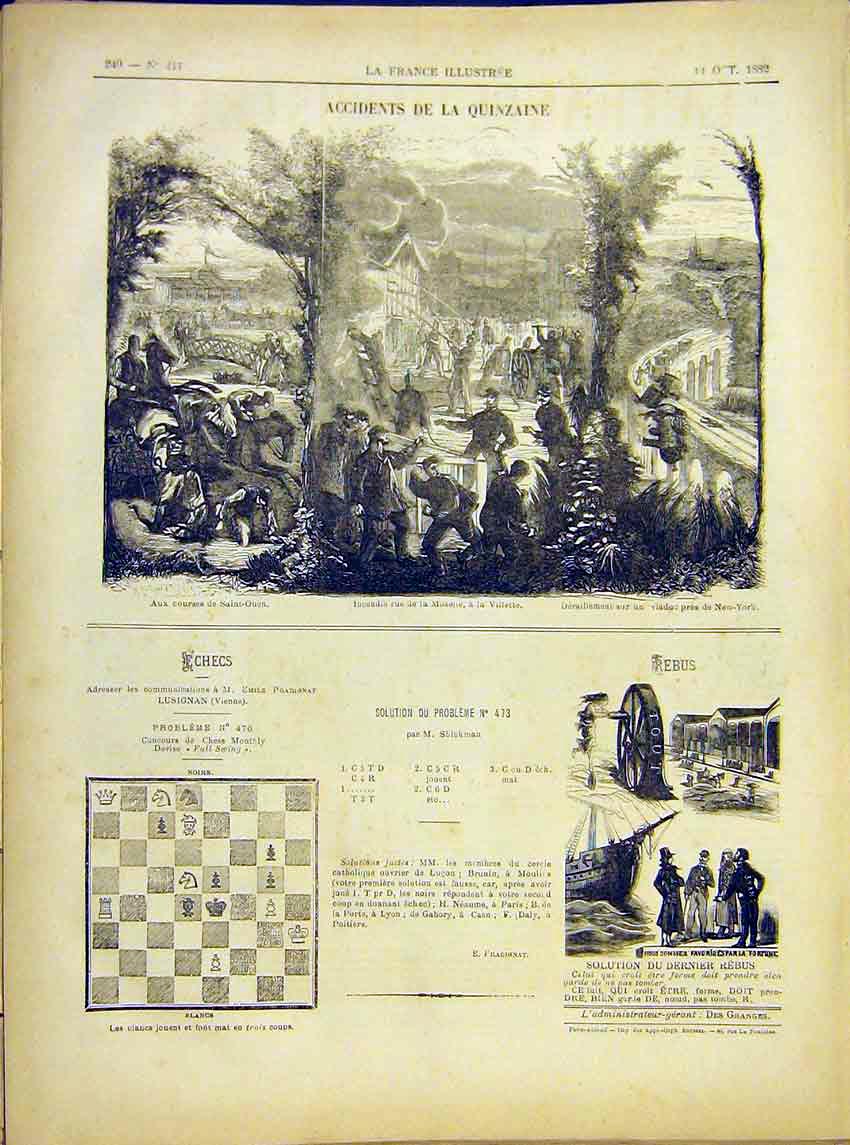 Original Old Antique Print Quinzaine Fire Mosette Villette New York Ouen 1882