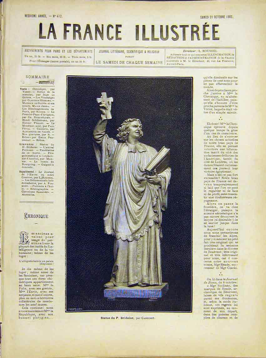 Original Old Antique Print Statue Bridaine Cabuchet French 1882 19th