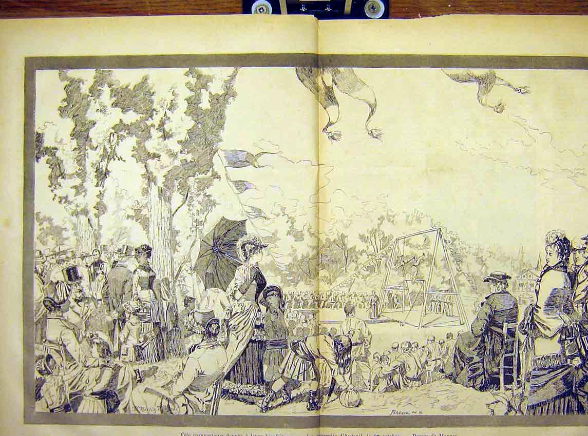 Original Old Antique Print Fetet Gymnastic Park Festival Martin French 1882