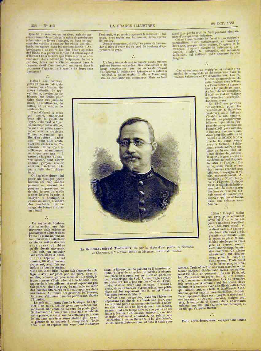 Original Old Antique Print Ortrait Froidevaux Charonne Military French 1882 19th