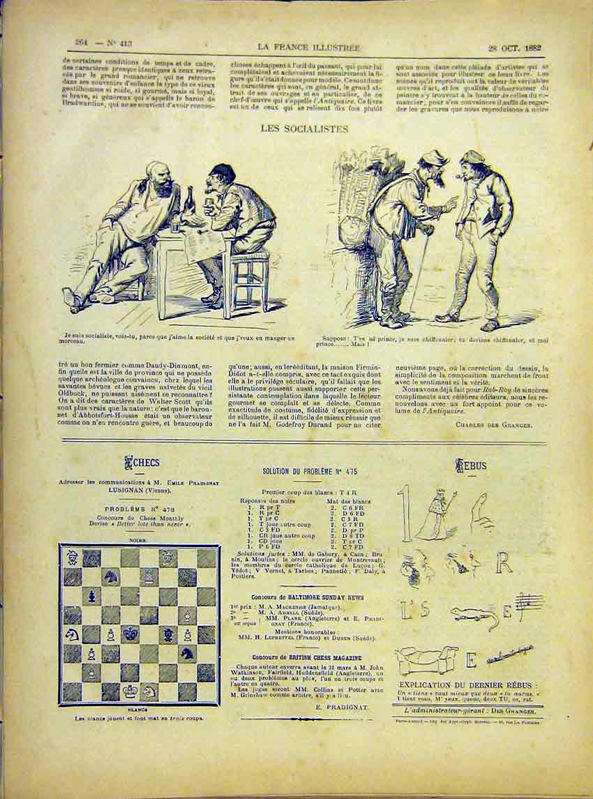 Original Old Antique Print Sketches Socialists Men French 1882 19th