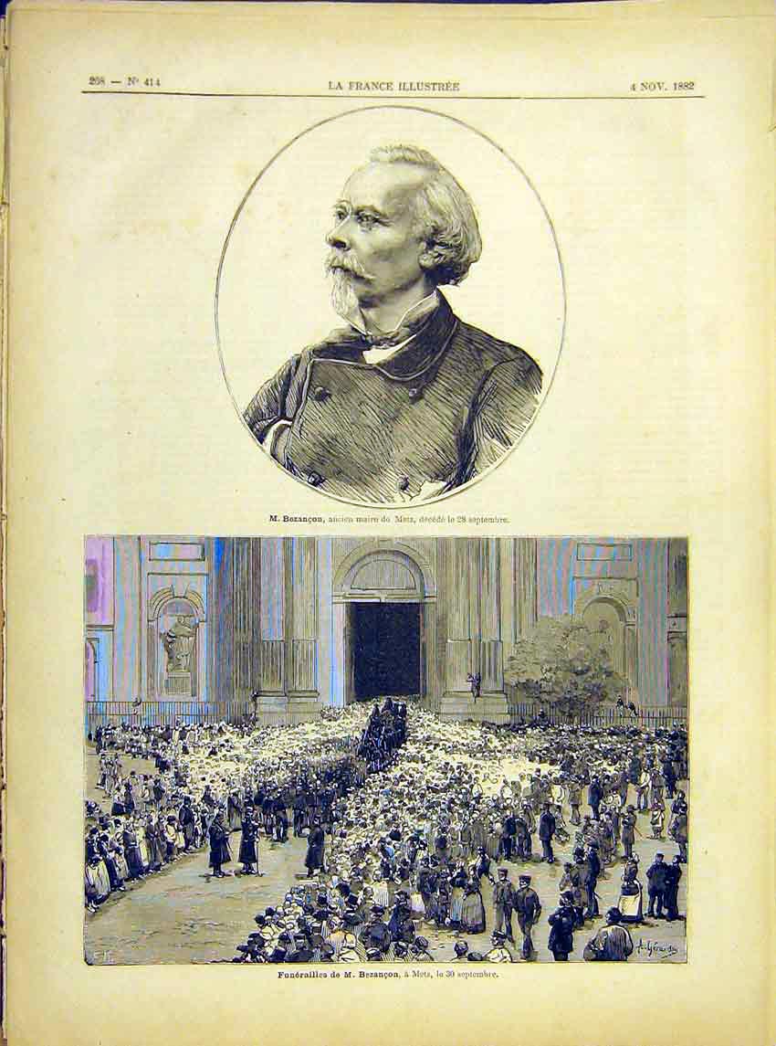 Original Old Antique Print Portrait Bezabcon Metz Mayor Funeral French 1882 19th