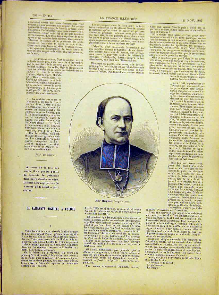 Original Old Antique Print Portrait Meignan Arras French 1882 Religious 19th