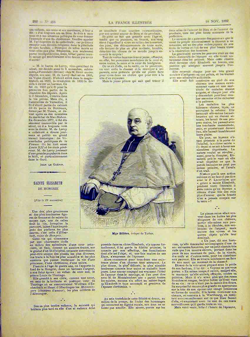 Original Old Antique Print Portrait Billere Tarbes Religious French 1882 19th