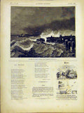 Original Old Antique Print Jetty Calais France Storm Sea French 1882 Victorian