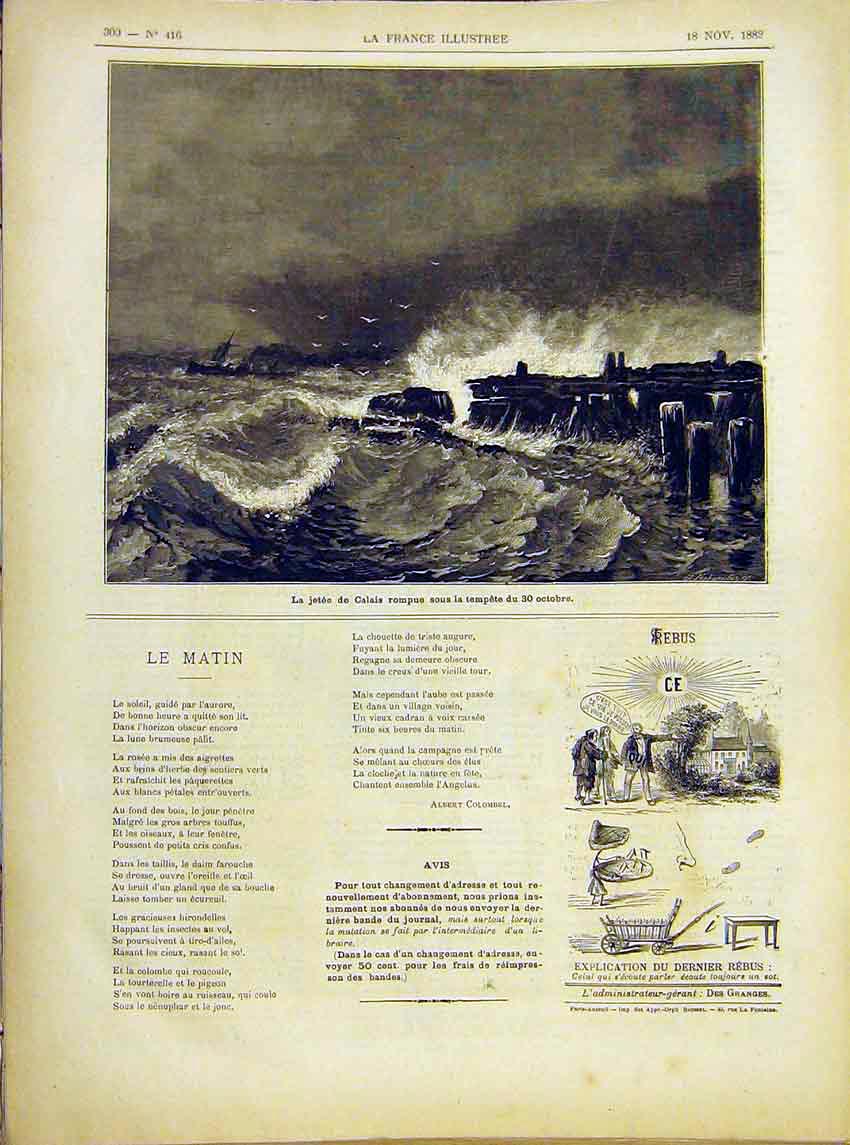 Original Old Antique Print Jetty Calais France Storm Sea French 1882 Victorian