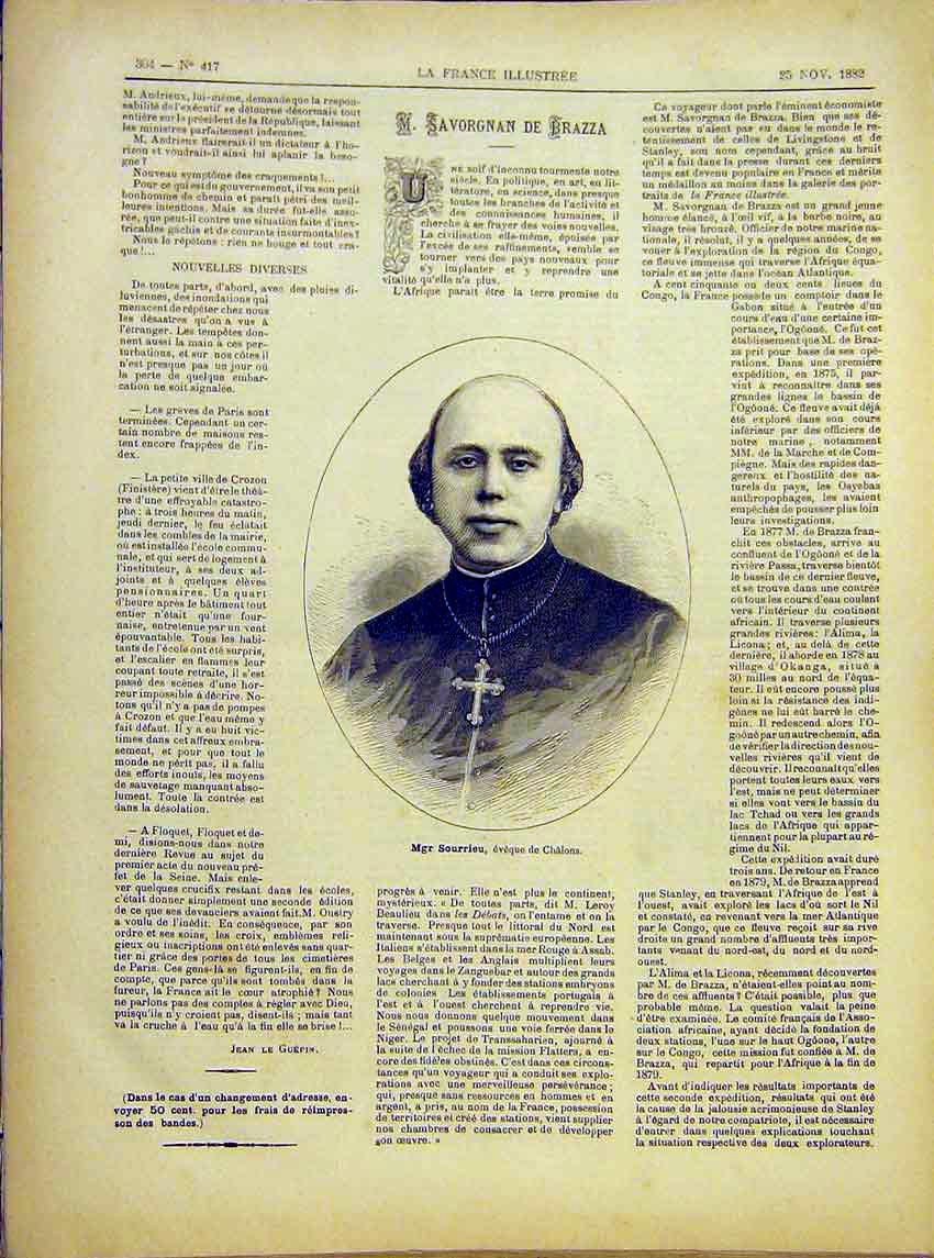 Original Old Antique Print Portrait Sourrieu Chalons French 1882 19th