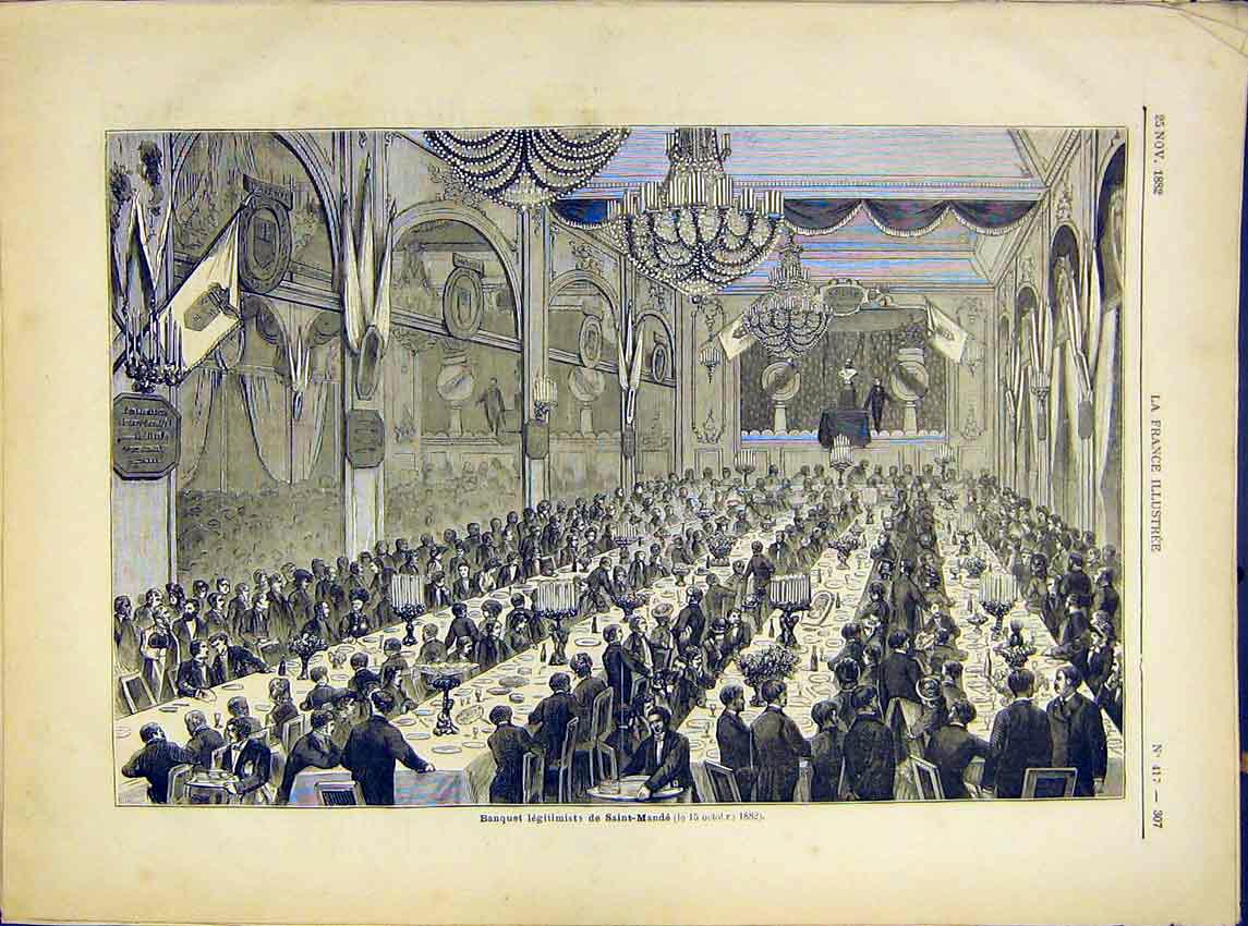 Original Old Antique Print Banquet Saint-Mande French 1882 19th