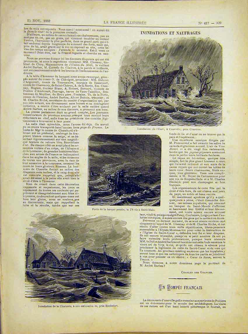 Original Old Antique Print Chartres Flood Thetis Shiip Charente Rochefort 1882