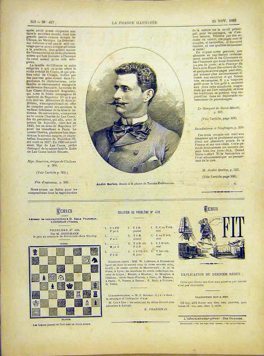 Original Old Antique Print Portrait Barbes Thadee-Chafrauski French 1882 19th