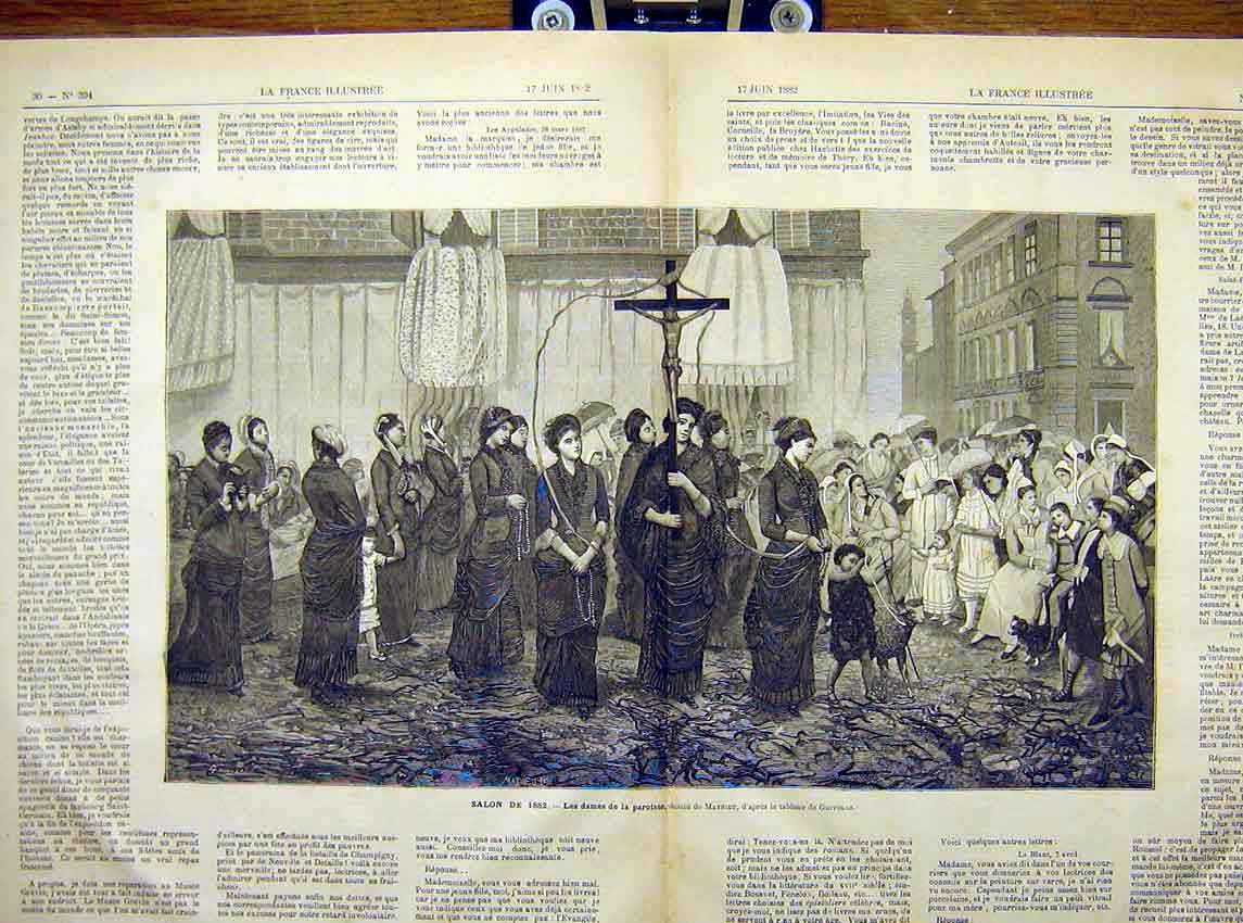 Original Old Antique Print Ladies Paroissse Mathieu Religious French 1882 19th