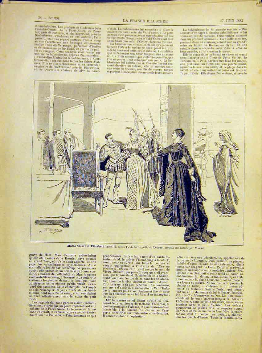 Original Old Antique Print Marie Stewart Elizabeth Scene Theatre Lebrun 1882