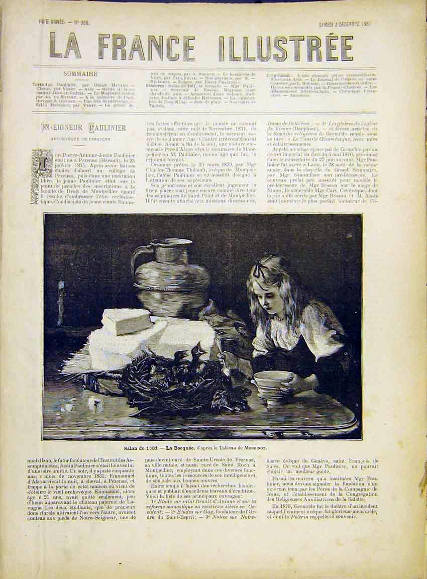 Original Old Antique Print Child Birds Chicks Nest Monginot French 1882 19th