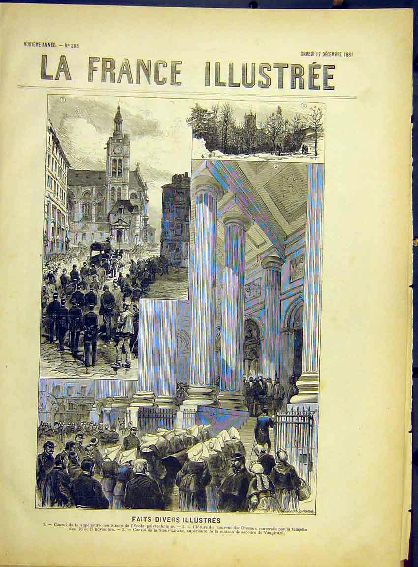 Original Old Antique Print Funeral Procession Sister Louise Vaurigard 1882 19th