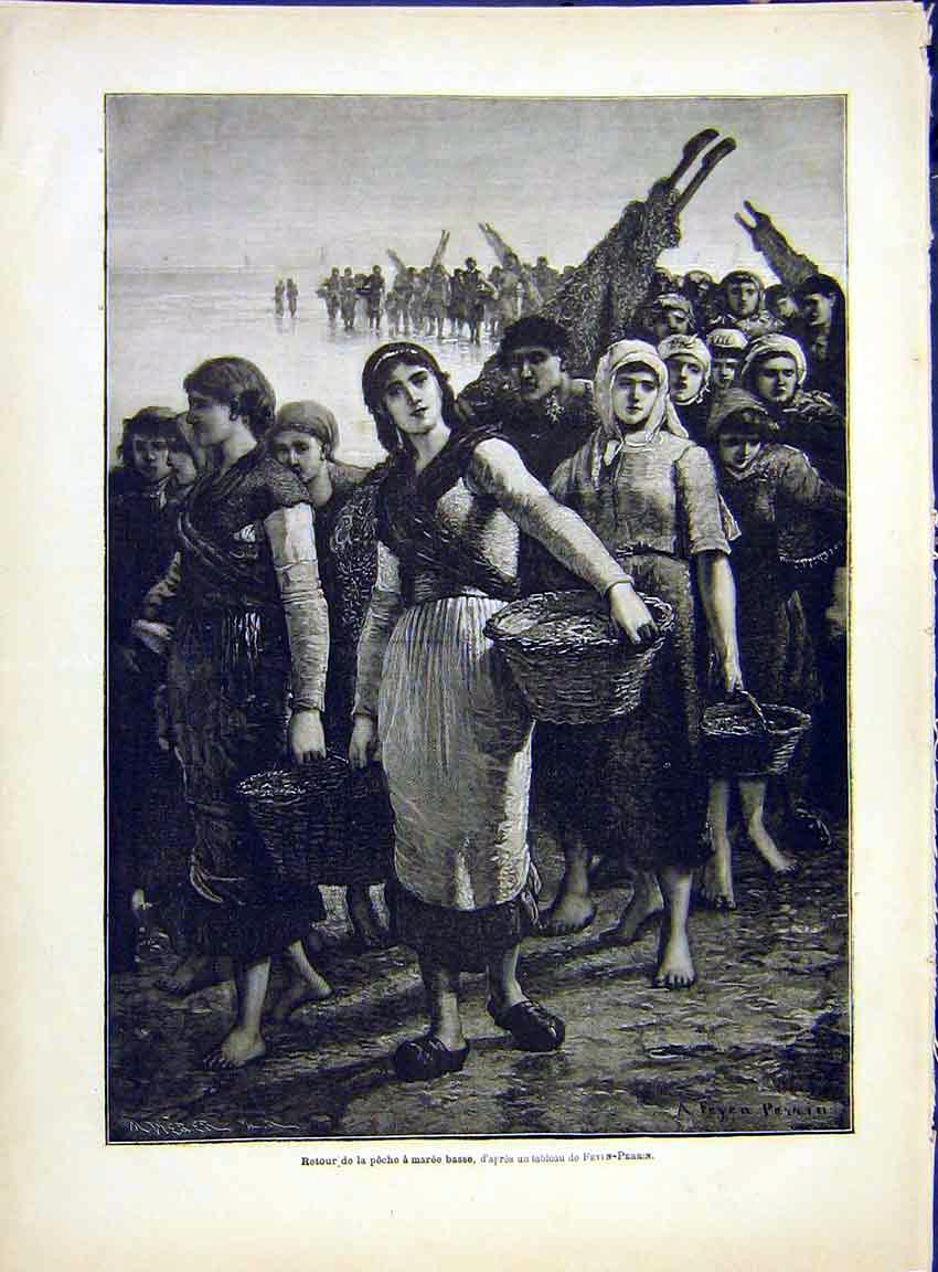 Original Old Antique Print Fishermen Ladies Feylin-Perrin Fishing 1882 Victorian
