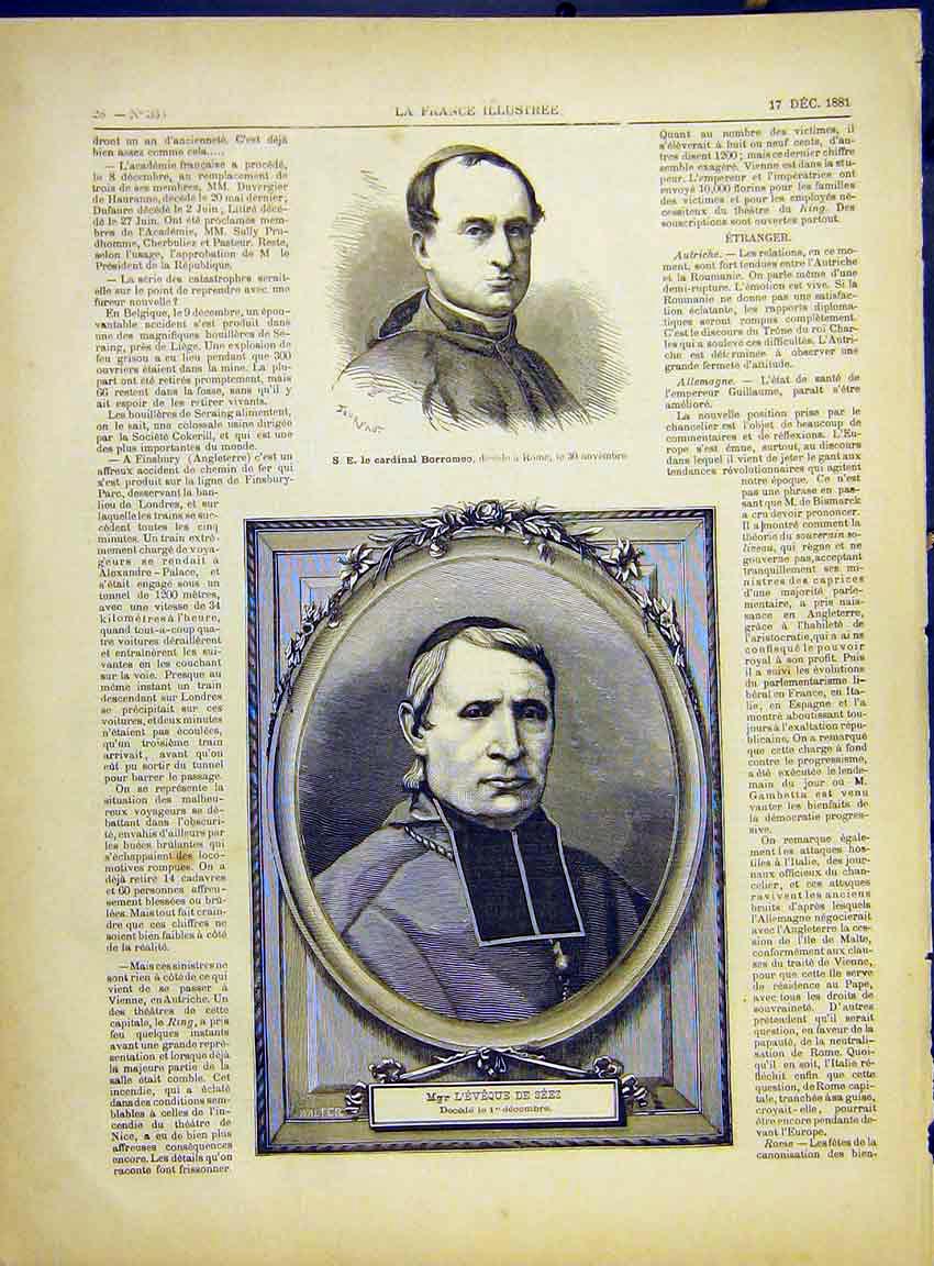 Original Old Antique Print Portrait Borromeo Rome L'Eveque De Seez 1882 19th