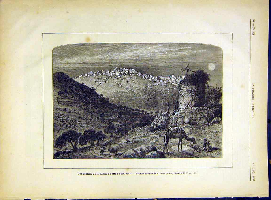 Original Old Antique Print Bethlehem View Camel French 1882 City 19th