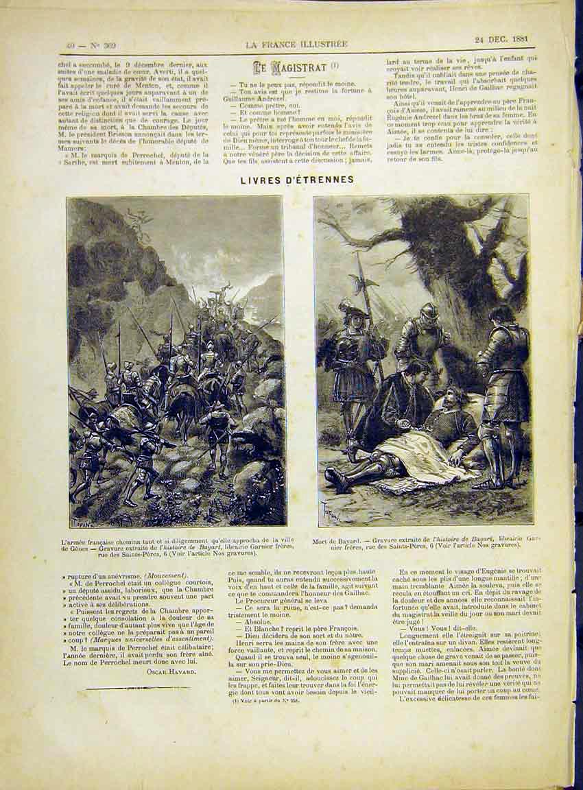 Original Old Antique Print Army French Genes Bayart Bayard Saints-Peres 1882