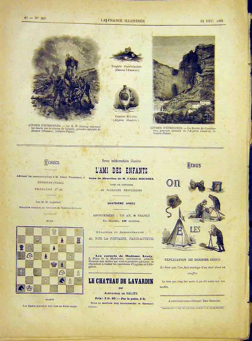 Original Old Antique Print Dulong Battlefield Kabyles Ambulance Constantine 1882