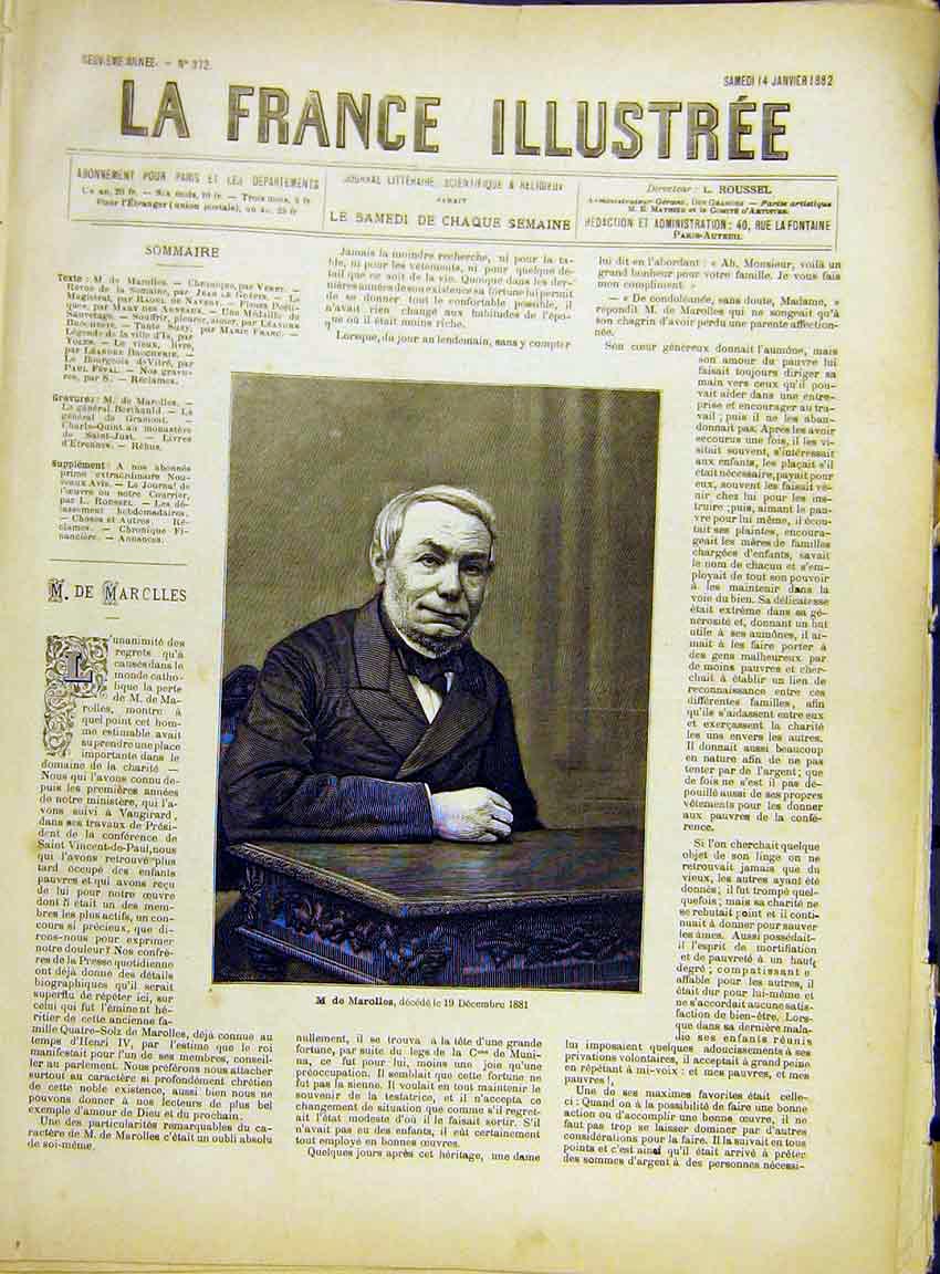 Original Old Antique Print Portrait Marolles French 1882 19th Century
