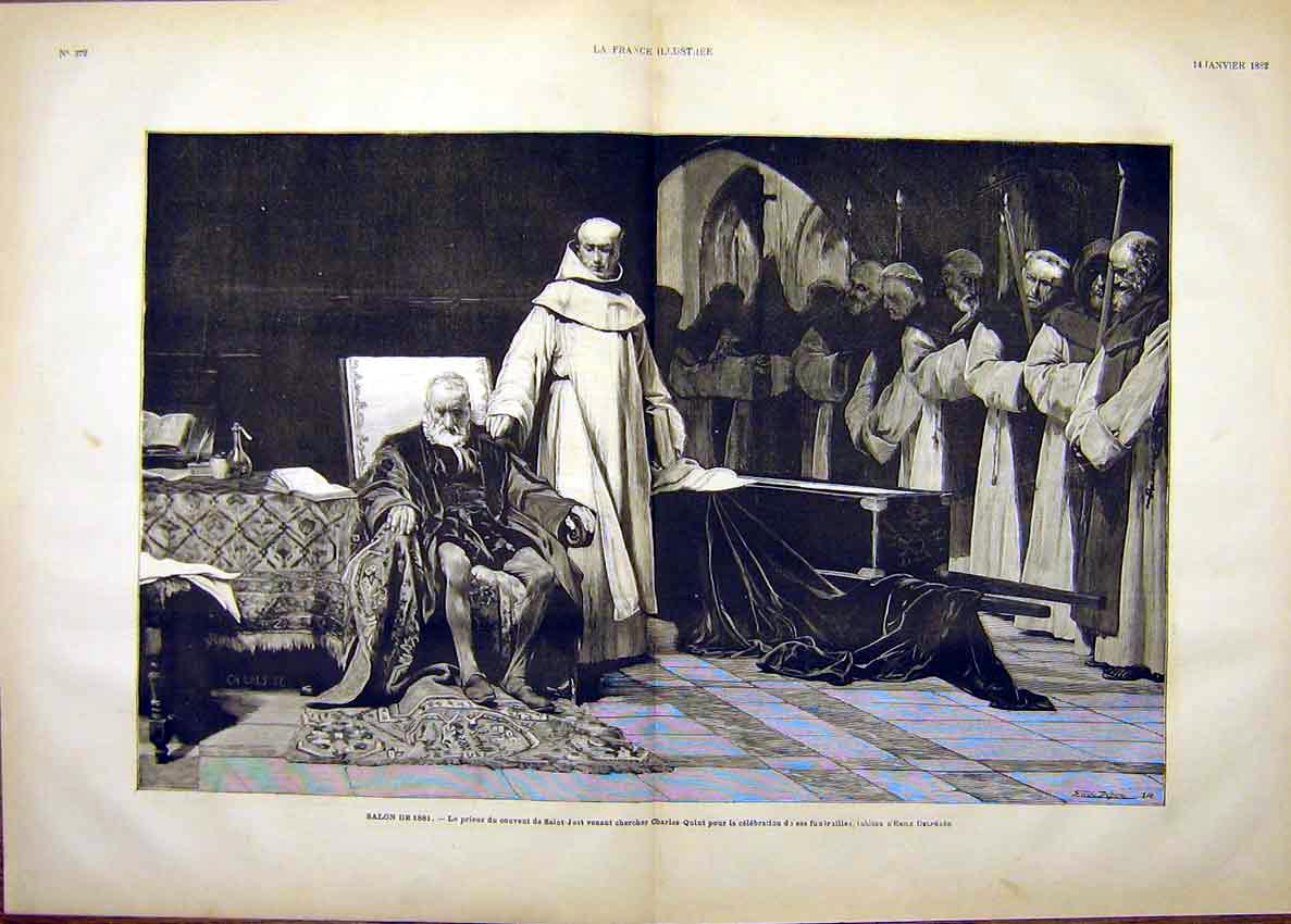 Original Old Antique Print Priest Saint-Just King Charles V Funeral 1882 19th