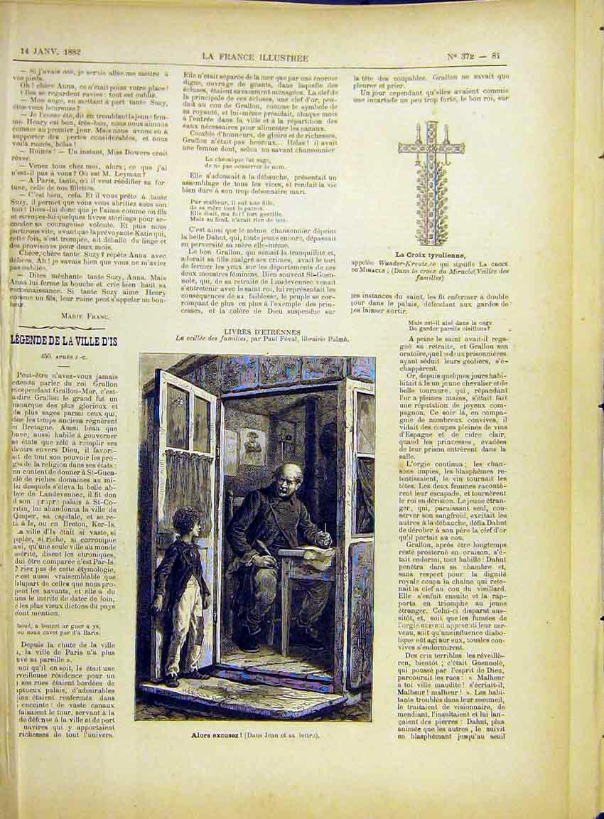 Original Old Antique Print Letter-Writer Scribe Boy Man French 1882 Victorian