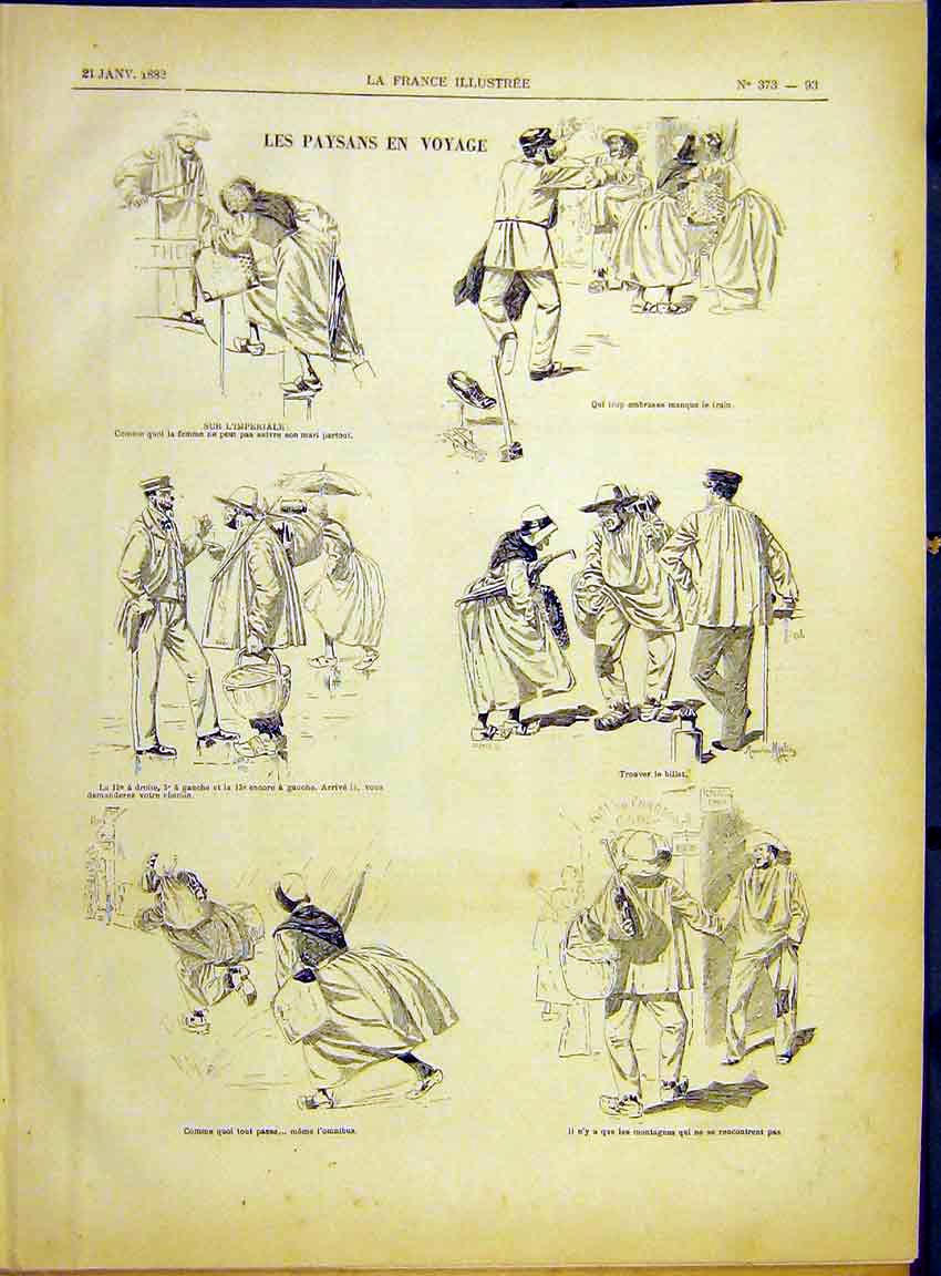 Original Old Antique Print Sketches Travellers Paysans Peasants French 1882 19th