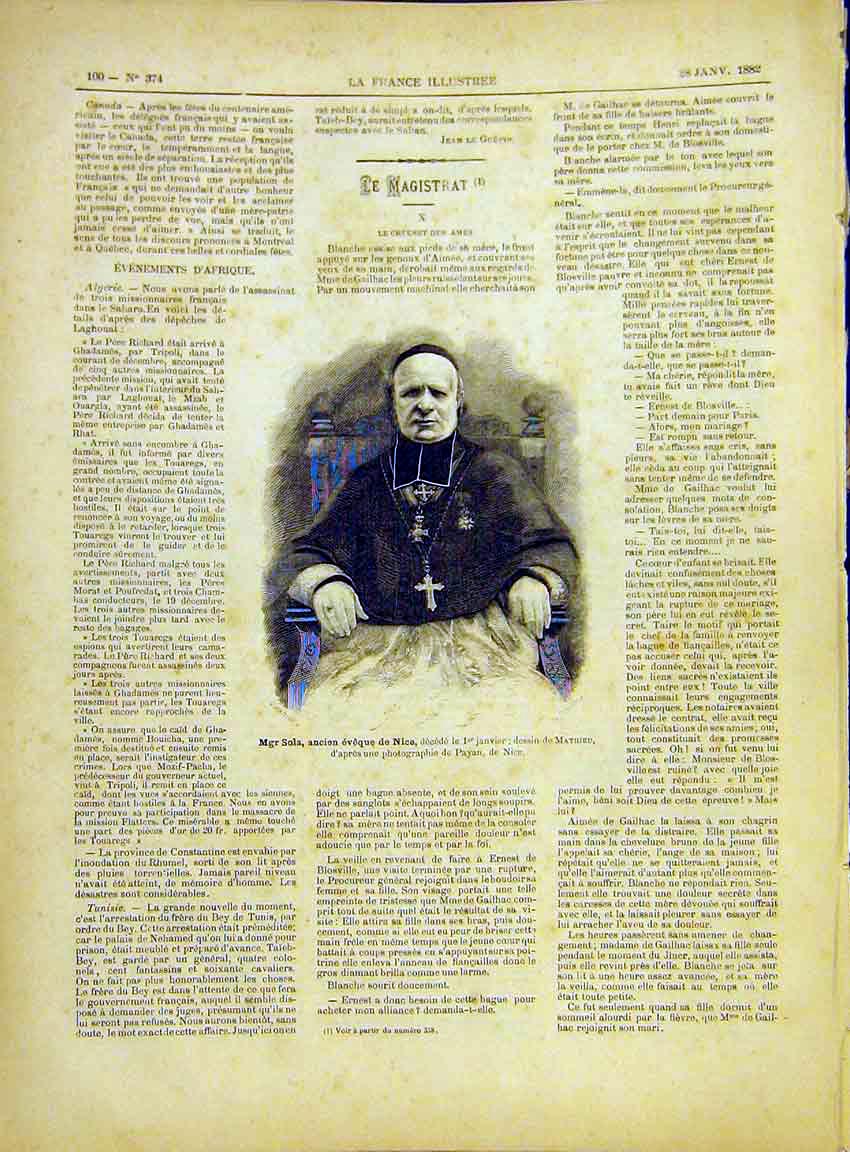 Original Old Antique Print Portrait Sola Nice France French 1882 19th