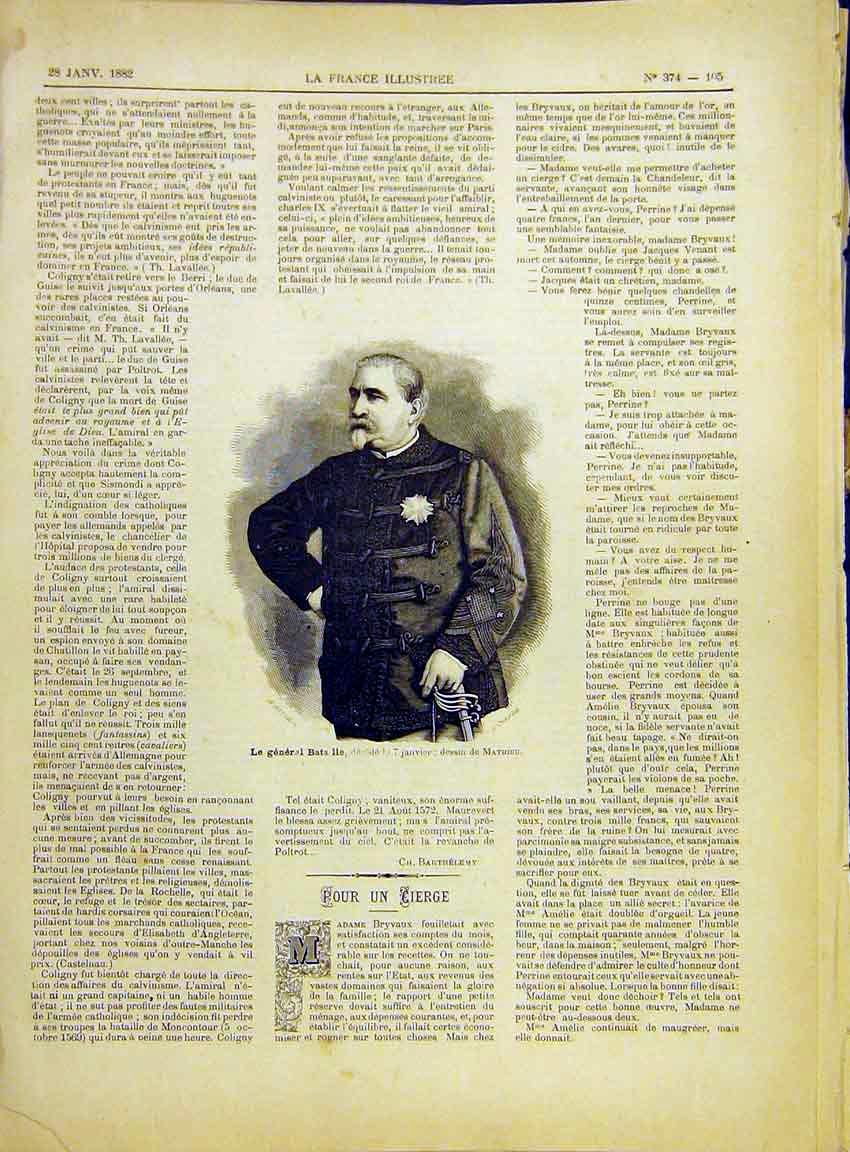 Original Old Antique Print Portrait Bata General Bata-Lle Mathieu 1882 Victorian