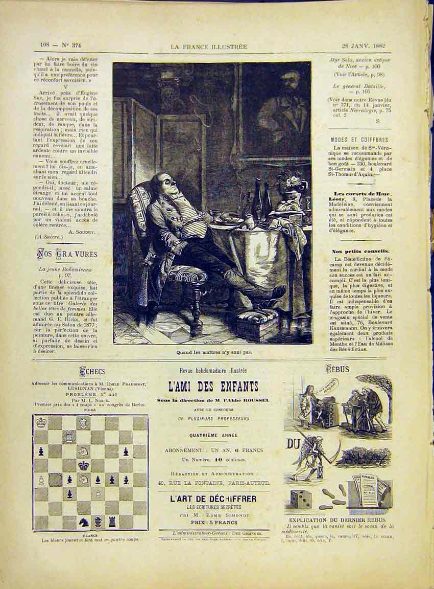 Original Old Antique Print Dinner Man Gentleman Sleeping Table French 1882 19th