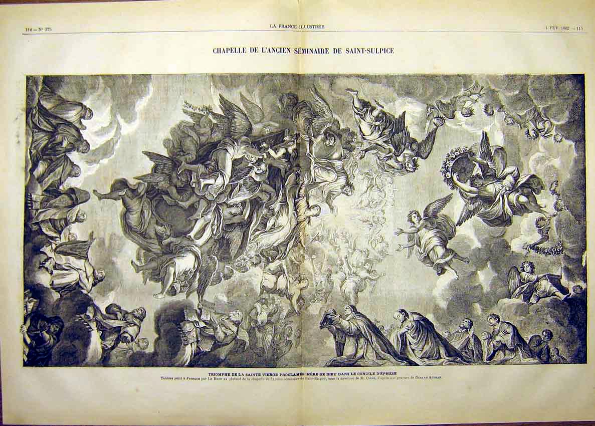 Original Old Antique Print Saint Vierge Fresco Brun Sanit Sulpice Chapel 1882