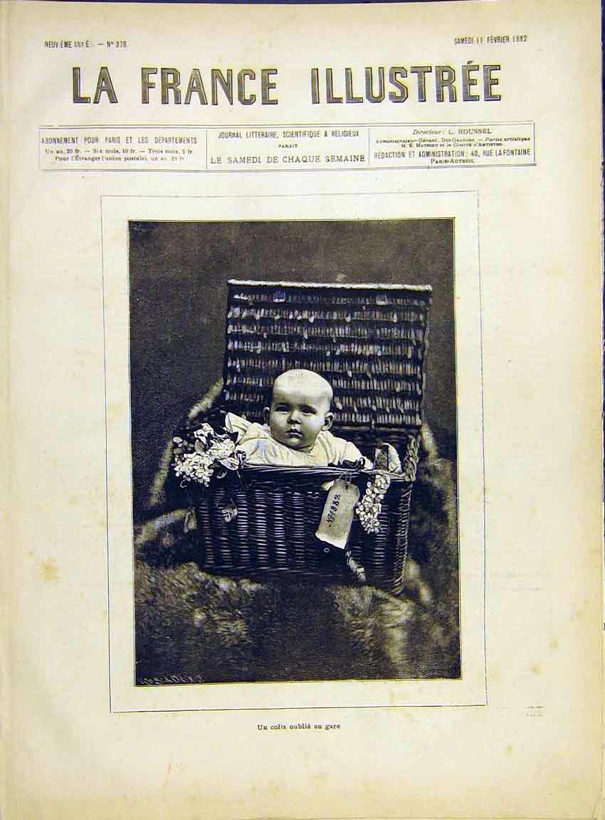 Original Old Antique Print Baby Basket Station Child French 1882 19th