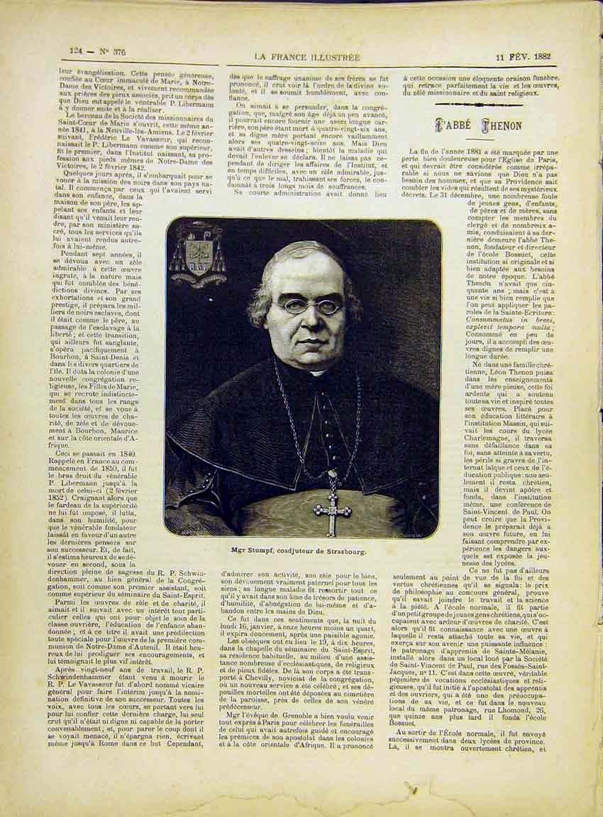 Original Old Antique Print Portrait Stumpf Strasbourg French 1882 19th