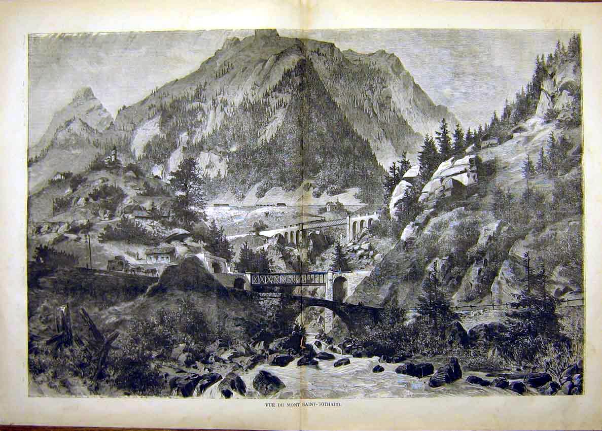 Original Old Antique Print View Mont Saint-Gothard Mountains River 1882 19th