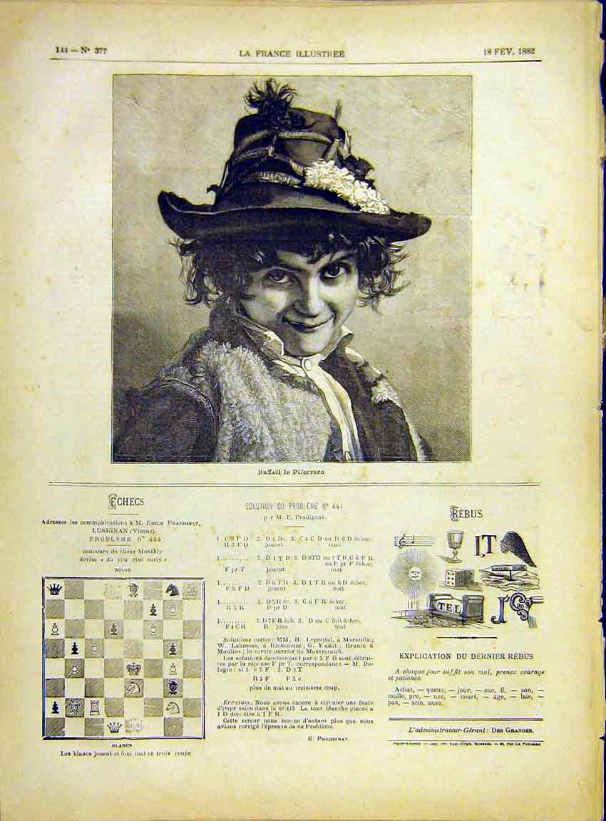 Original Old Antique Print Portrit Raffael Piferraro Urchin Lad Boy 1882 19th