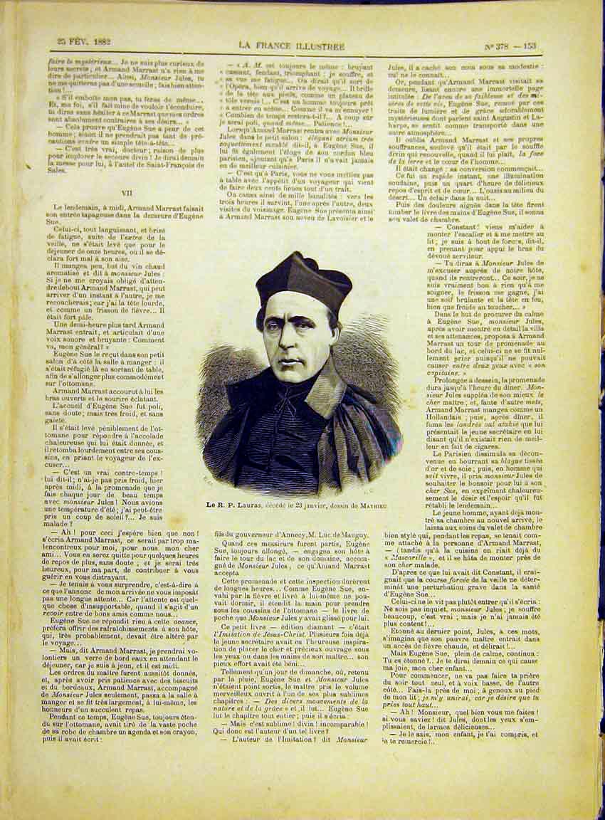 Original Old Antique Print Portrait Lauras Mathieu French 1882 19th