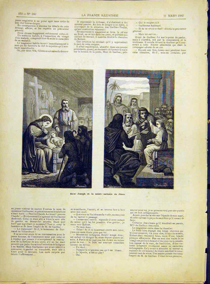Original Old Antique Print Joseph Jesus Religious Sketches French 1882 Victorian