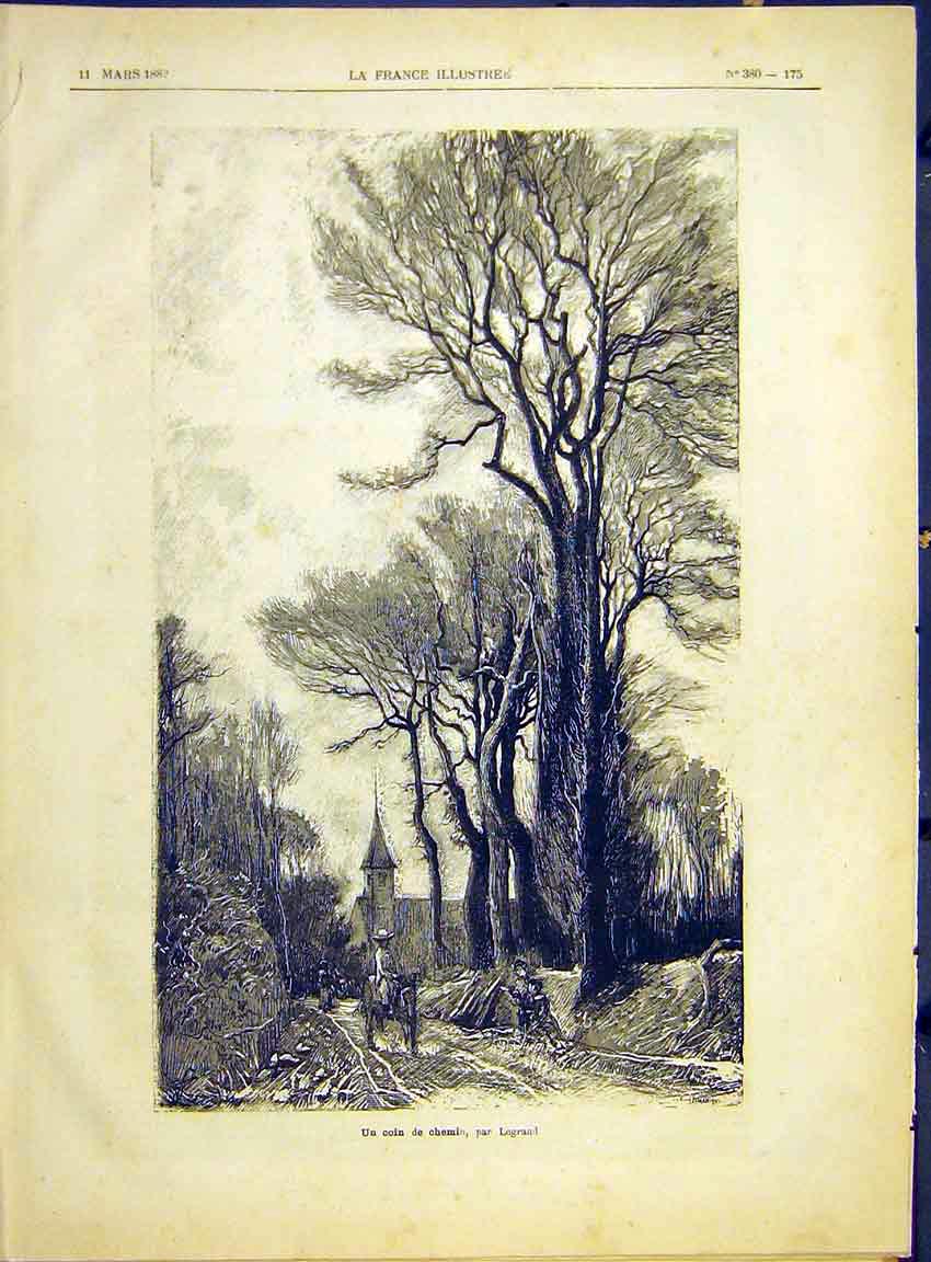 Original Old Antique Print Snow Legrand Beggars Road Church French 1882 19th