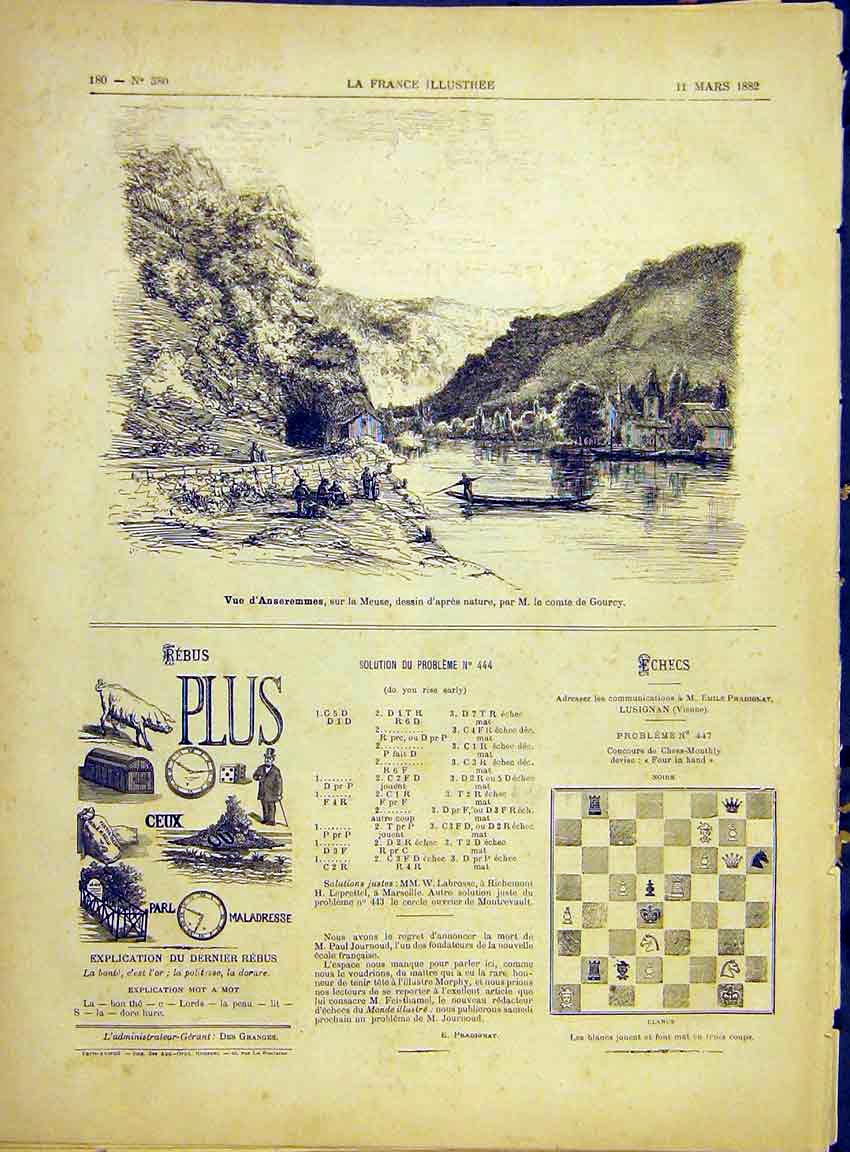Original Old Antique Print Anseremmes Meuse Gourcy River Boat French 1882 19th