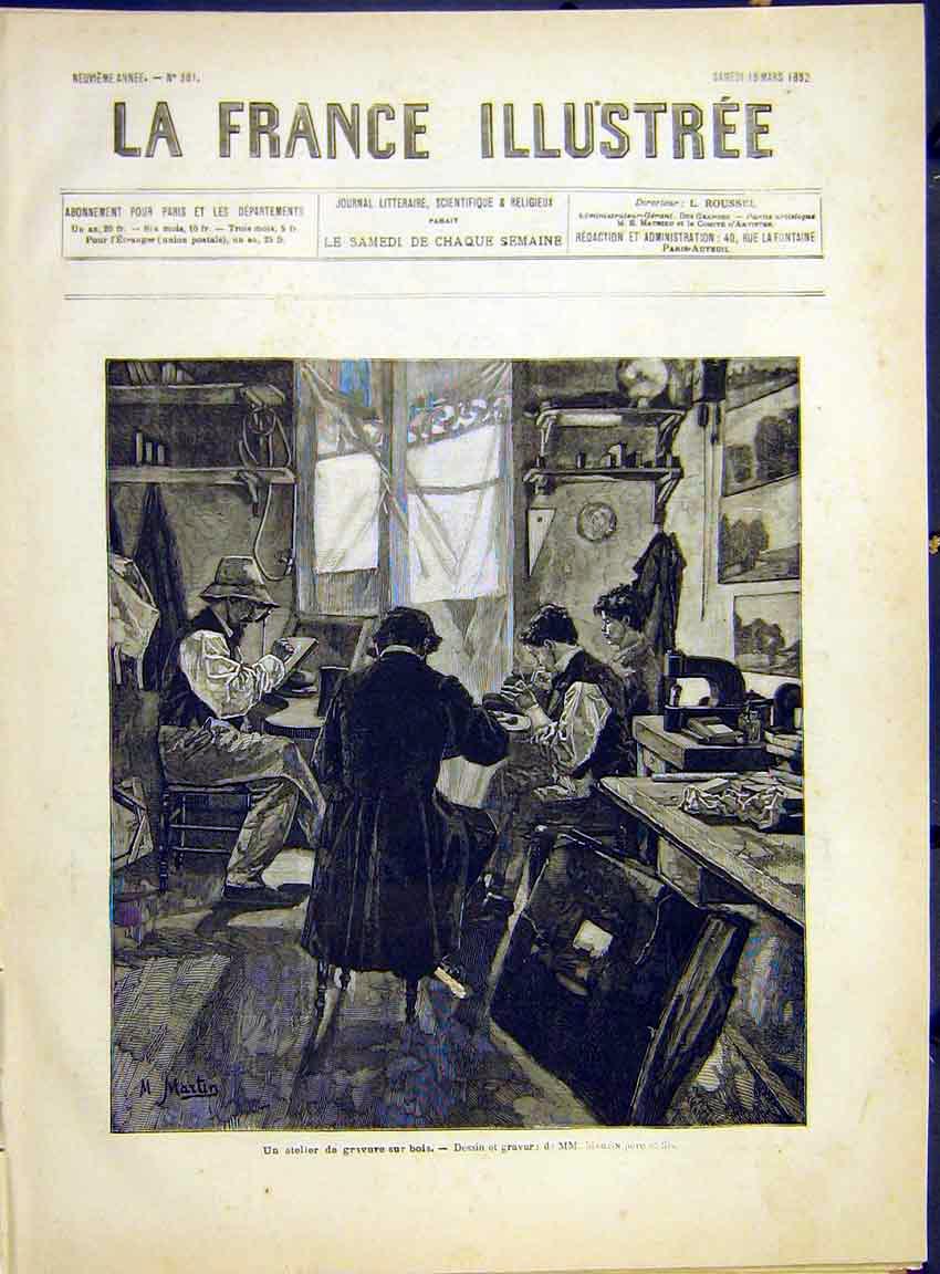 Original Old Antique Print Shop-Keepers Martin Family French 1882 19th