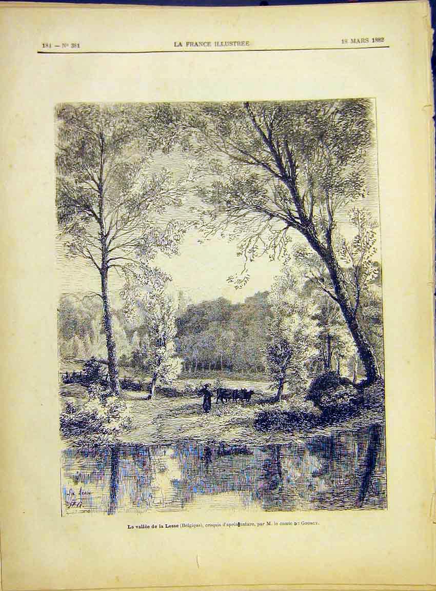 Original Old Antique Print Lesse Belgium Gourcy Valley French 1882 Victorian