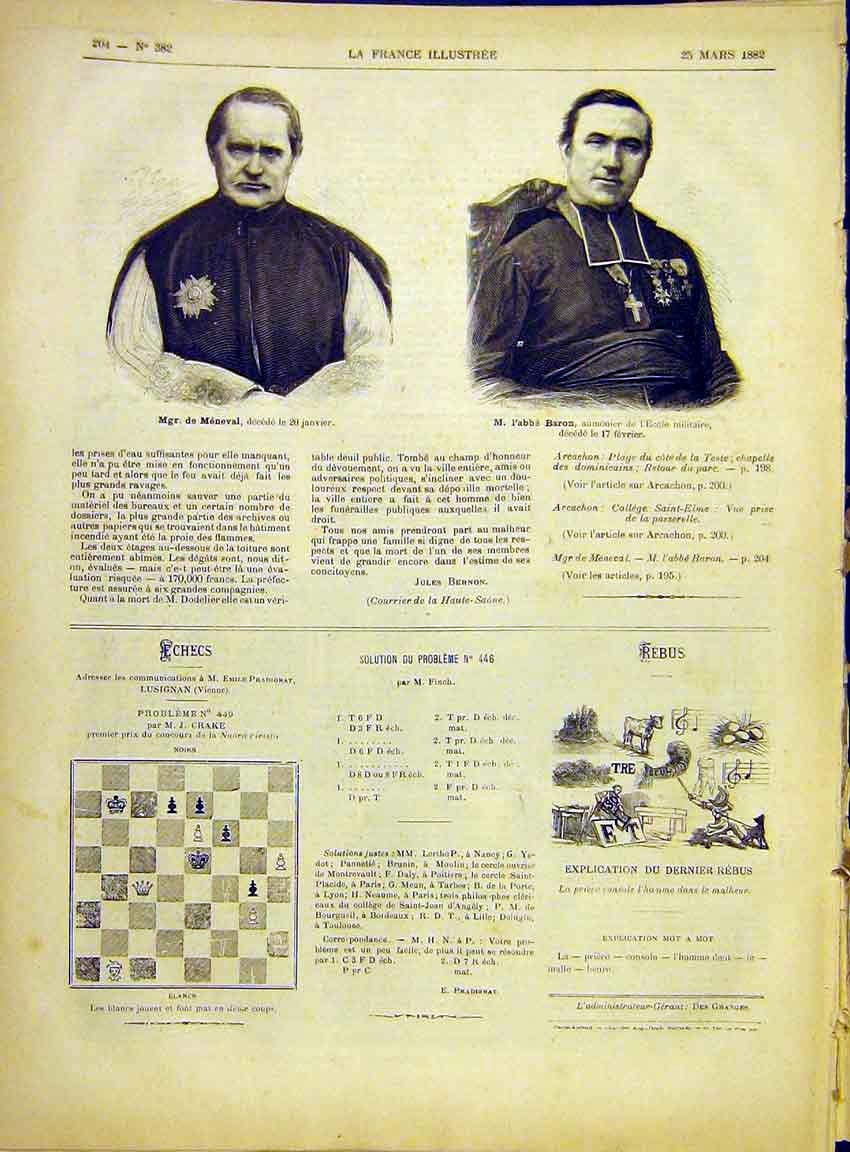 Original Old Antique Print Portrait Meneval Baron Bishop Military 1882 Victorian
