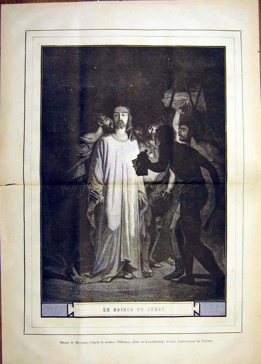 Original Old Antique Print Kiss Judas Jesus Mathieu Religious French 1882 19th