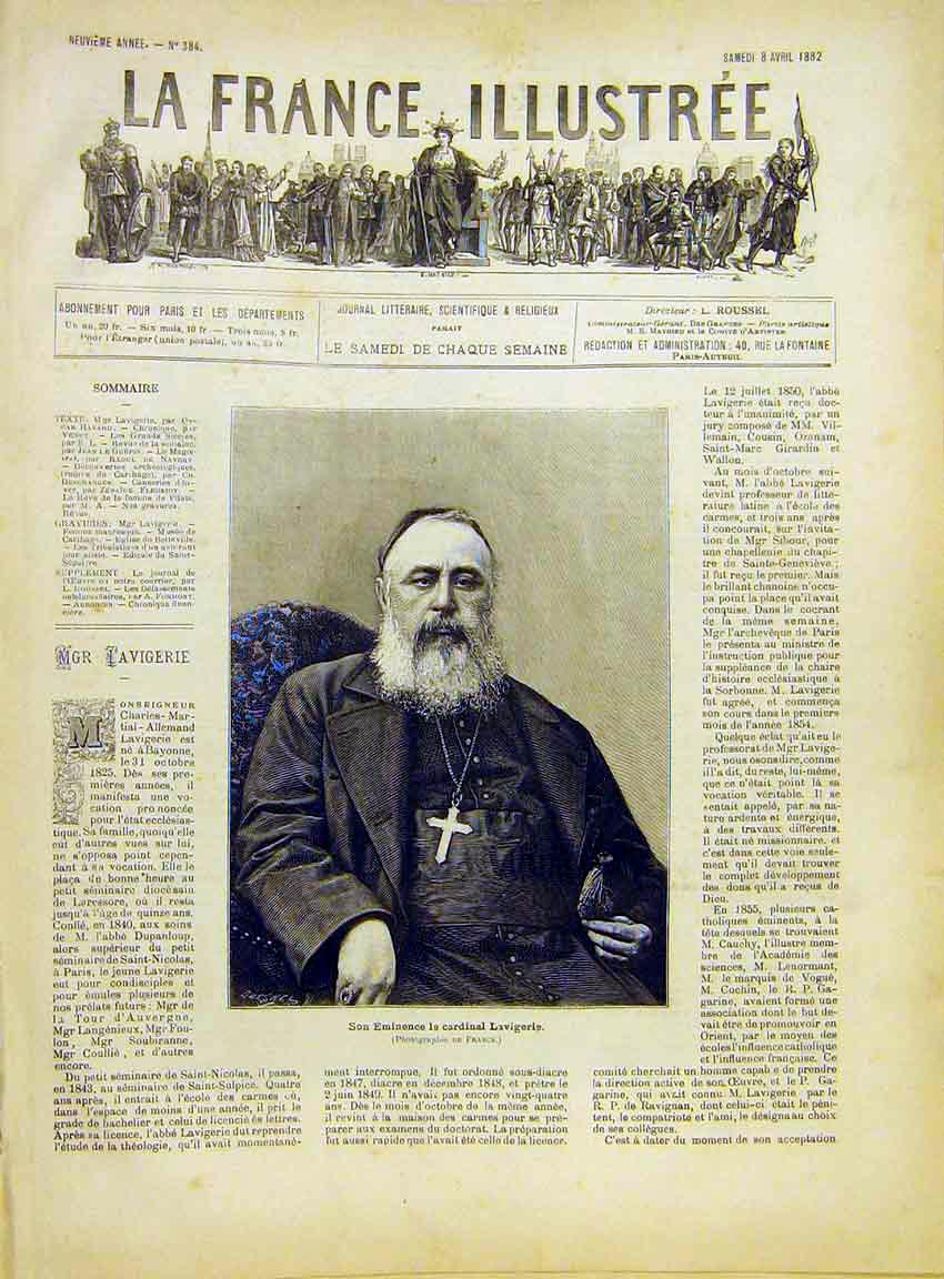 Original Old Antique Print Portrait Cardinal Lavigerie French 1882 Victorian