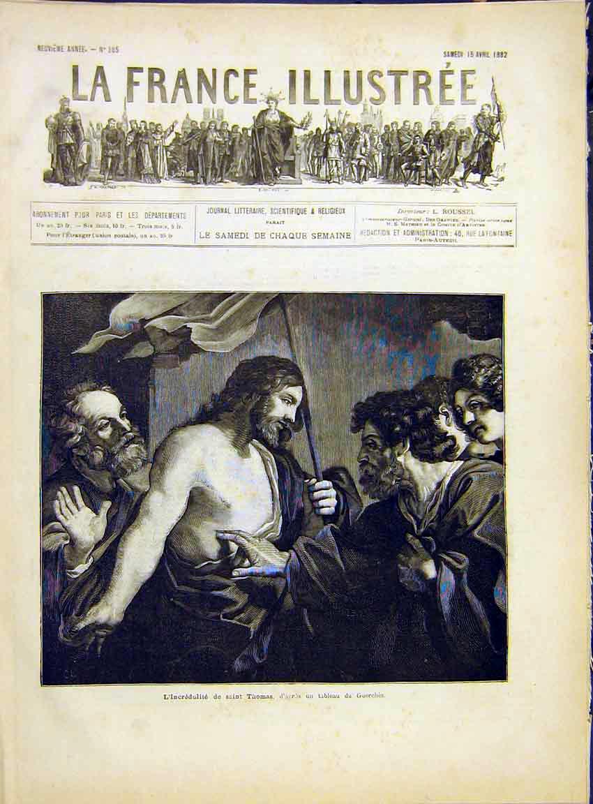 Original Old Antique Print Saint Thomas Jesus Religious French 1882 Victorian