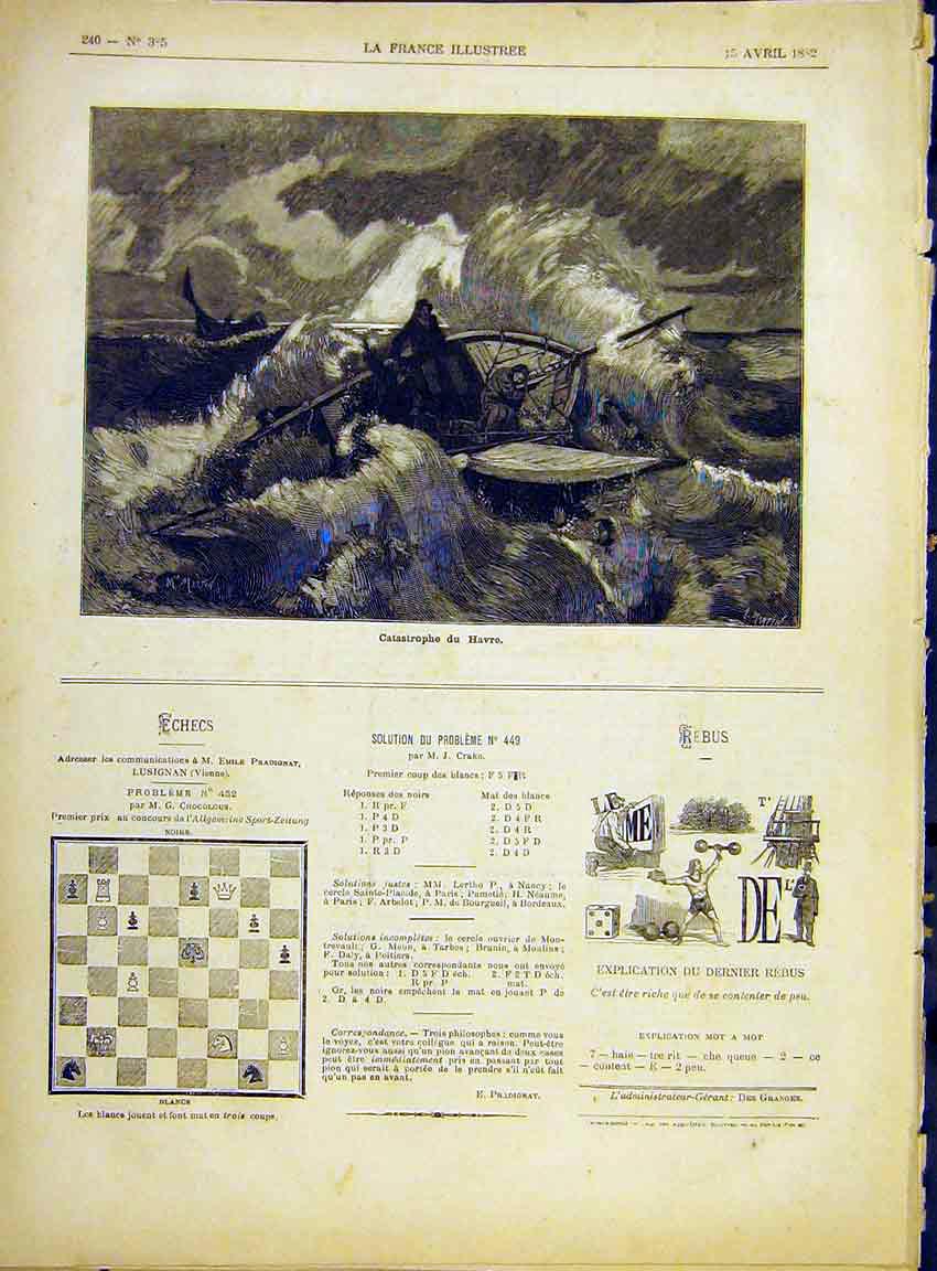 Original Old Antique Print Havre Catastrophe Ship Wreck Storm French 1882 19th